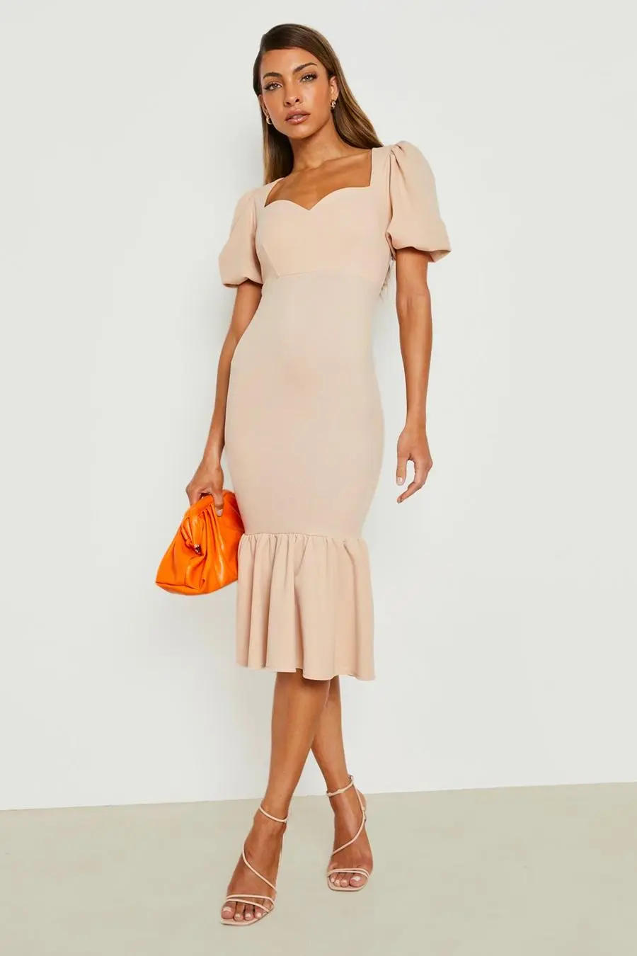 Puff Sleeve Peplum Midi Dress