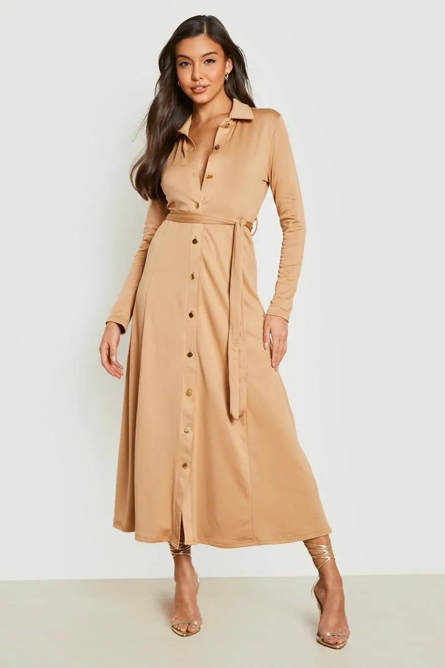 Button Detail Belted Midaxi Shirt Dress