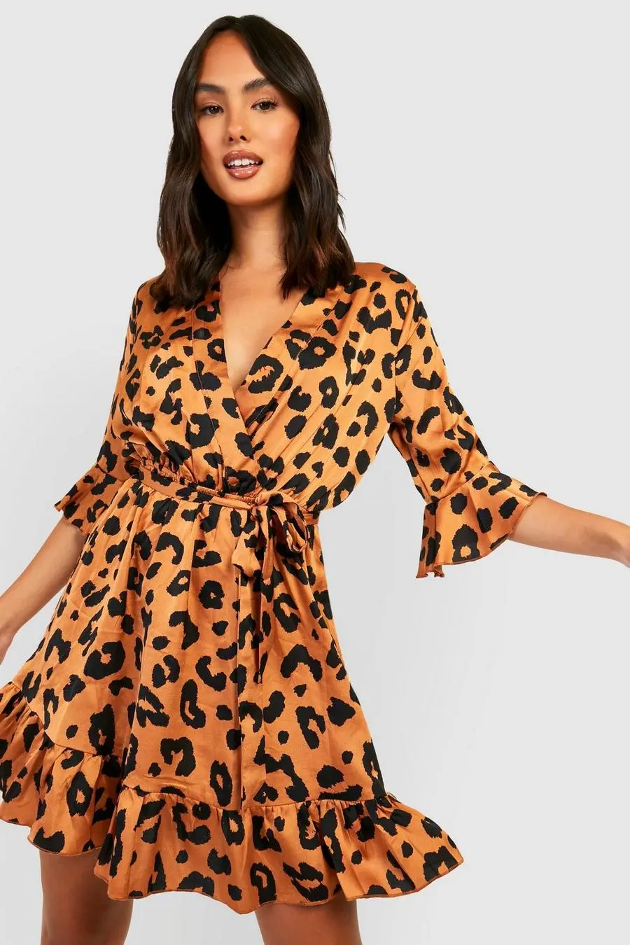 Satin Leopard Print Ruffle Skater Dress
