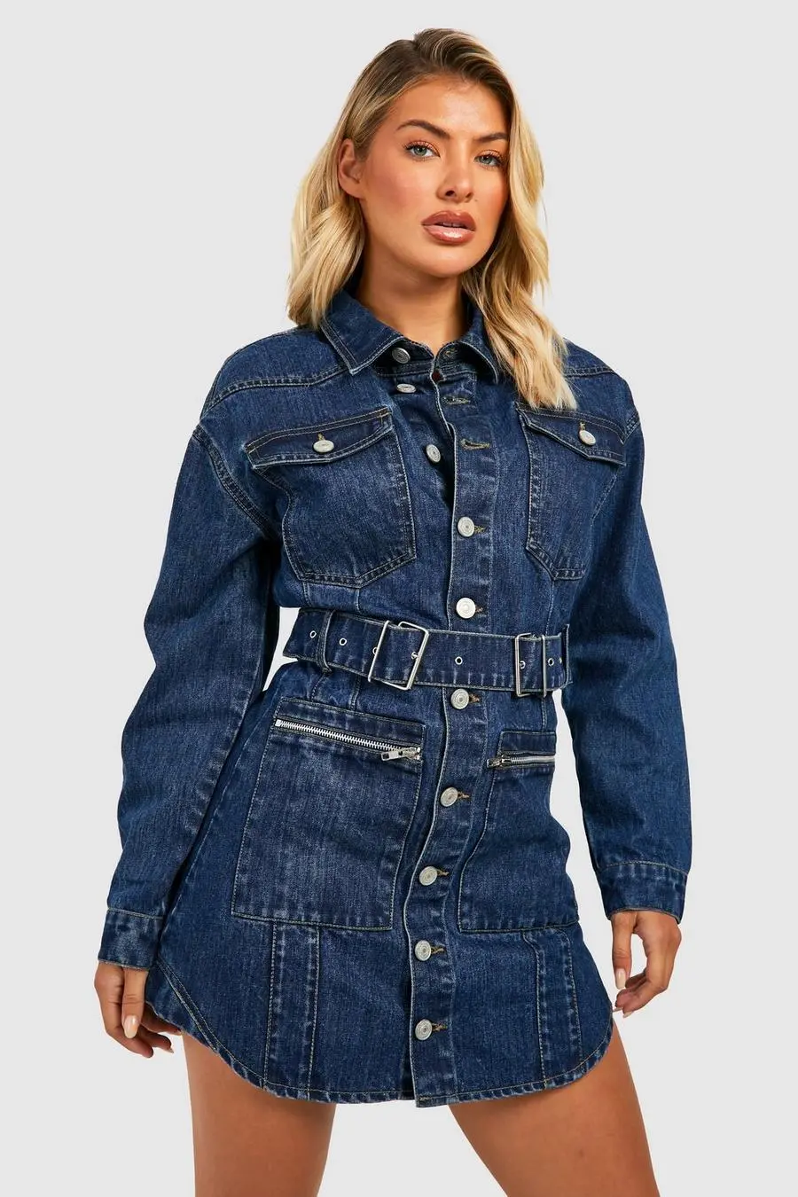 Belted Oversized Denim Cargo Dress