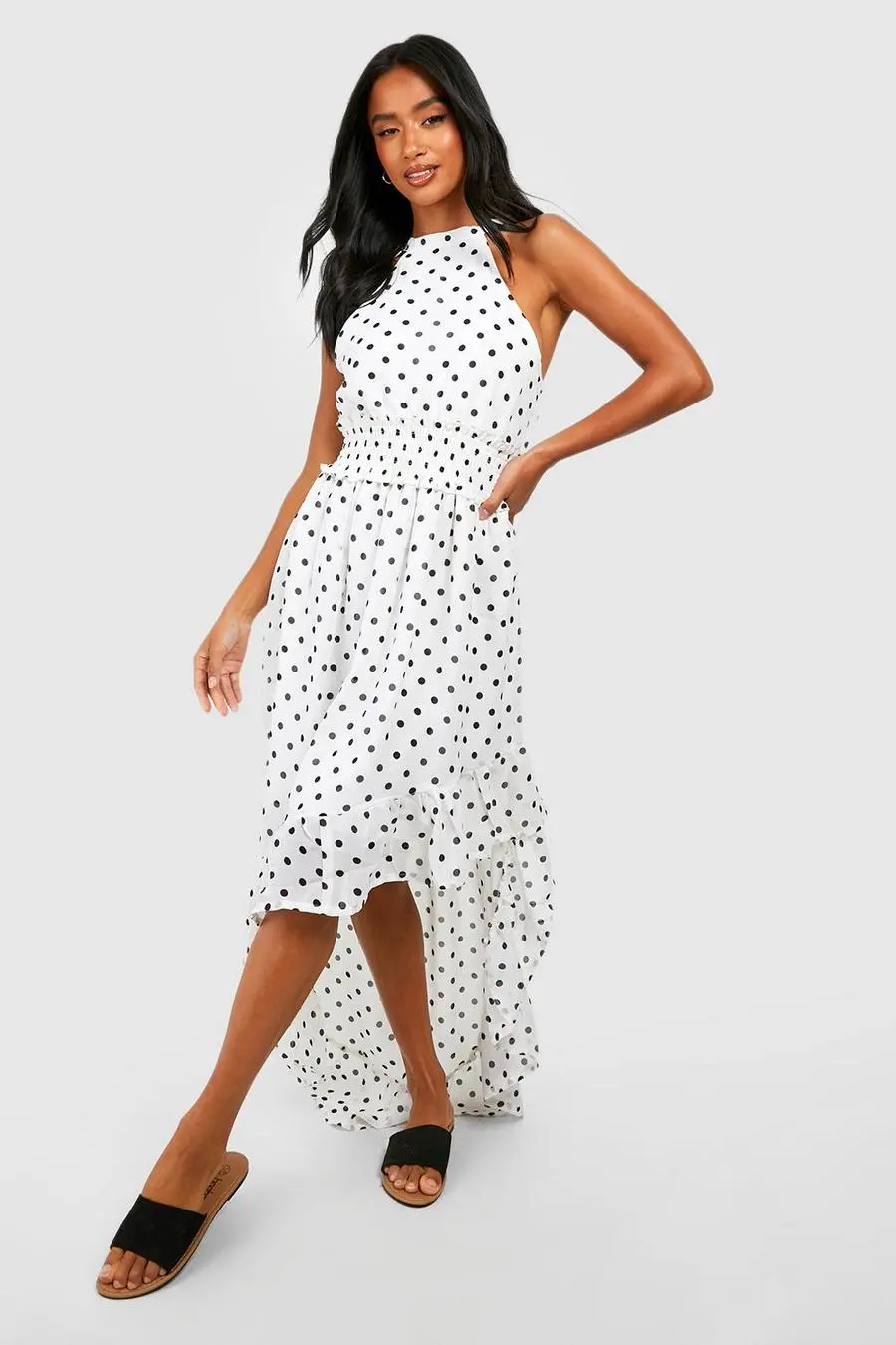 Petite Polka Dot High Neck Shirred Waist Maxi Dress