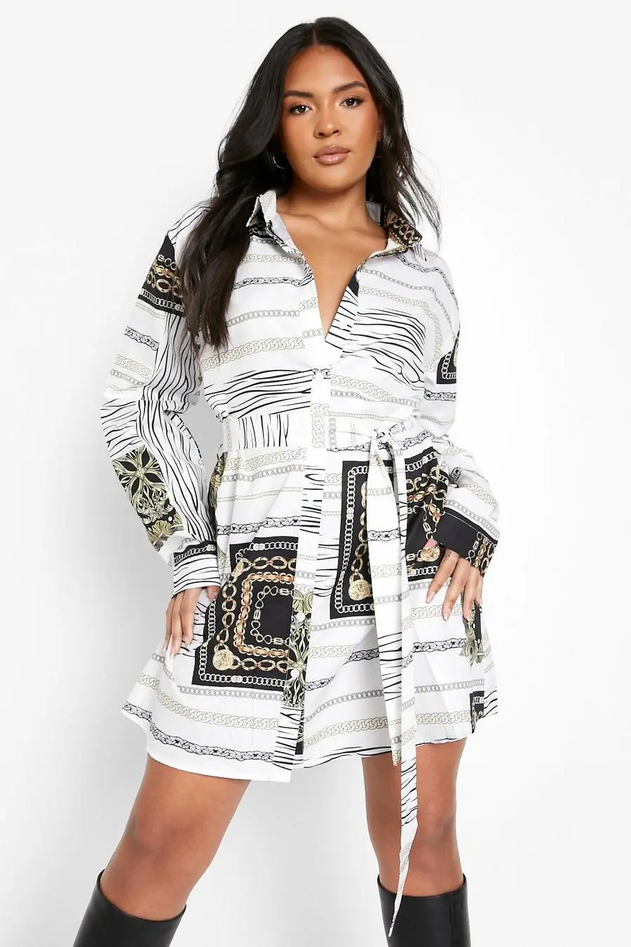 Plus Satin Chain Print Belted Shirt Dress