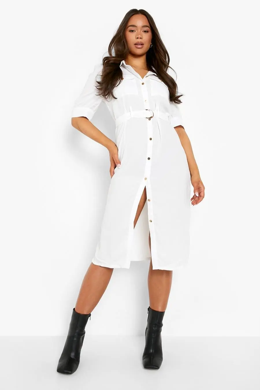 Puff Sleeve Utility Midi Shirt Dress
