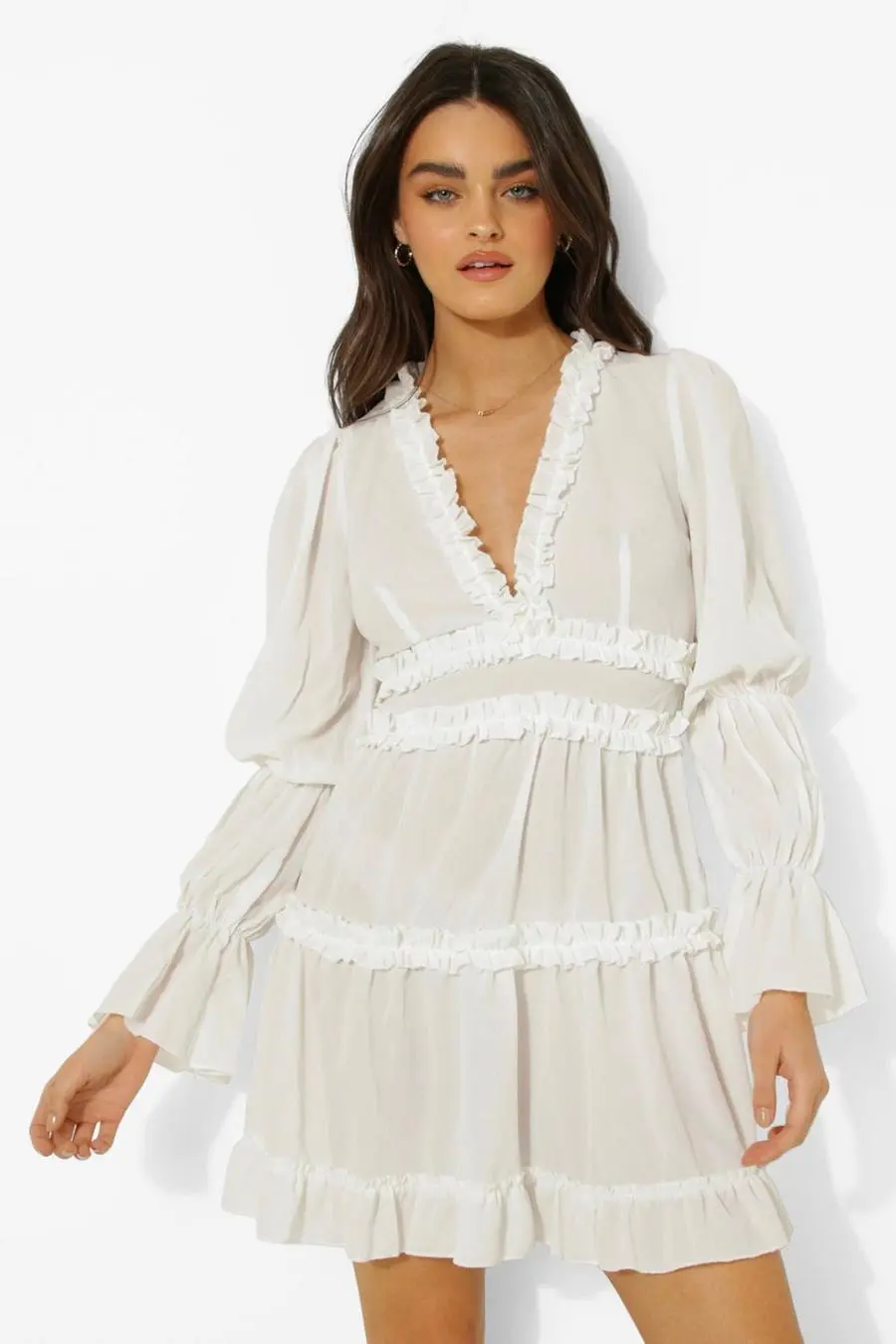 Ruffle Trim Drape Sleeve Skater Dress