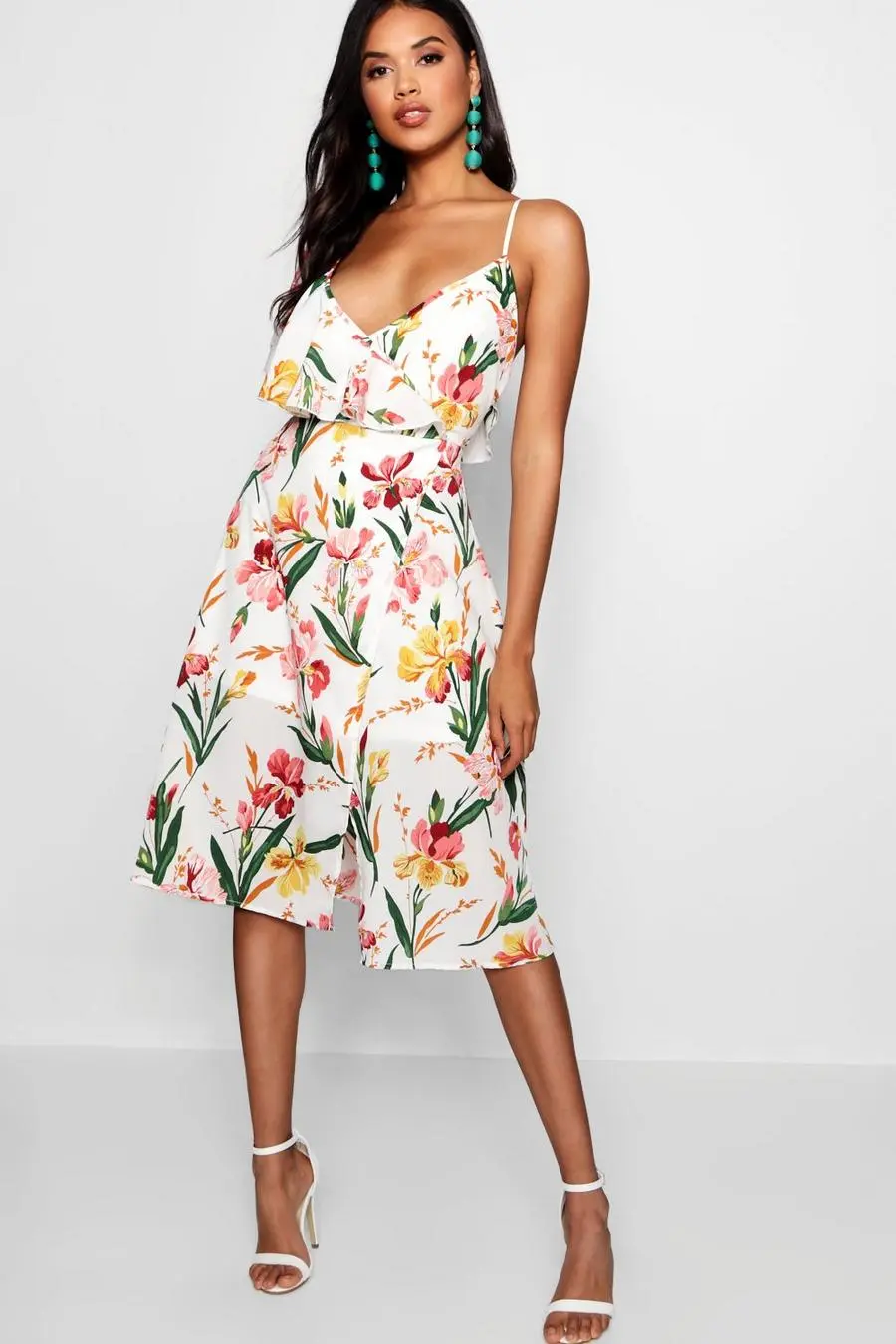 Tasha Floral Ruffle Open Back Midi Skater Dress