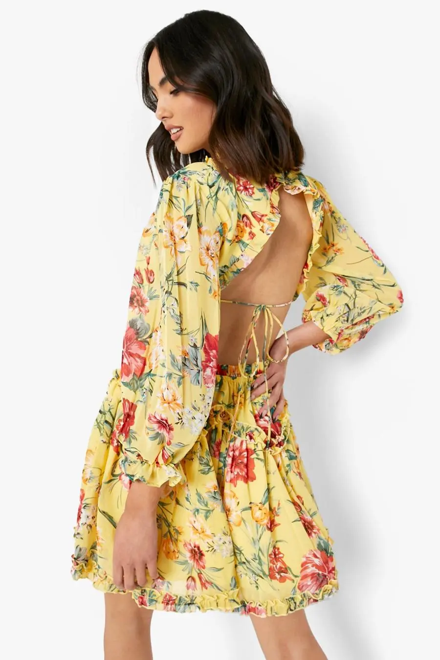 Floral Chiffon Open Back Skater Dress