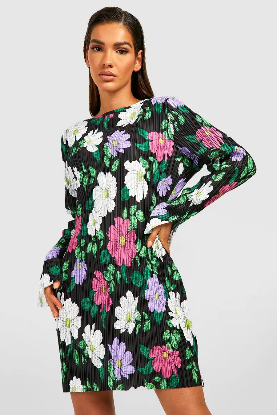 Floral Plisse Shoulder Pad Dress