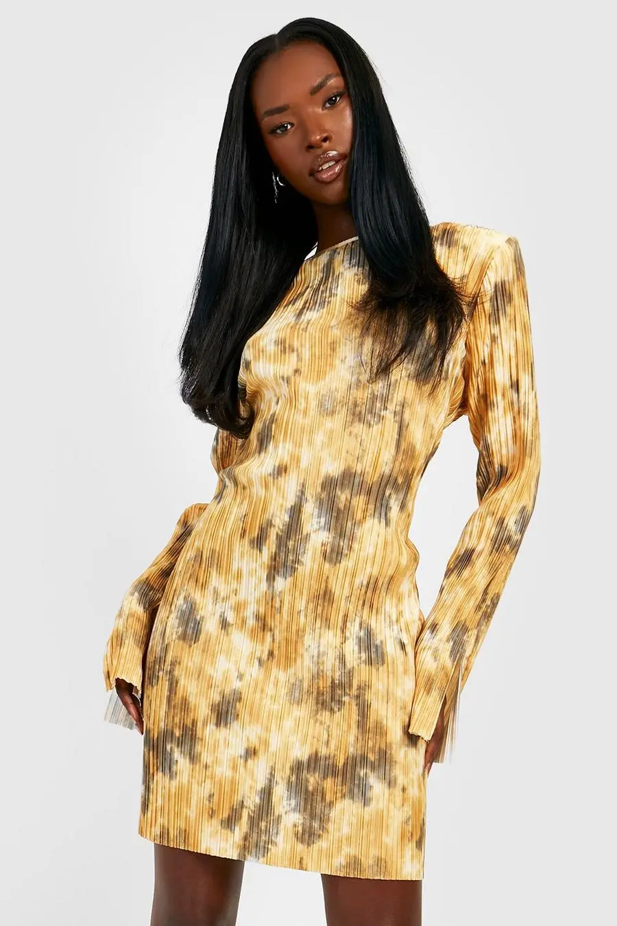 Marble Plisse Shoulder Pad Dress